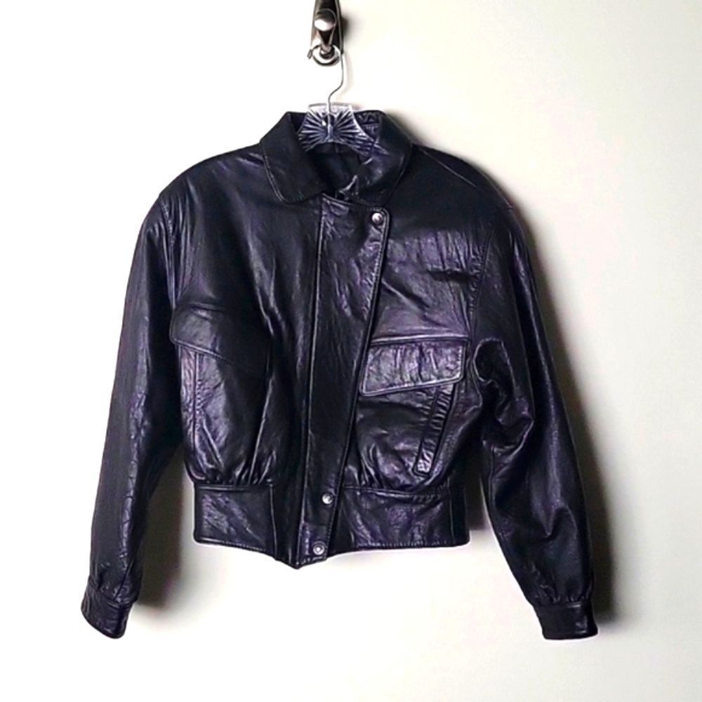 Vtg Luis Alvear Womens P Xs 80s Leather Black Bomber Moto Biker Jacket Coat New